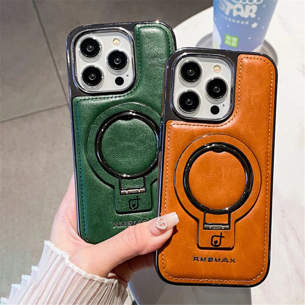 Luxury Lambskin Leather Folding Holder Magnetic for Magsafe Phone Case for Iphone 13 12 14 15 16 Pro Max Soft Shockproof Cover