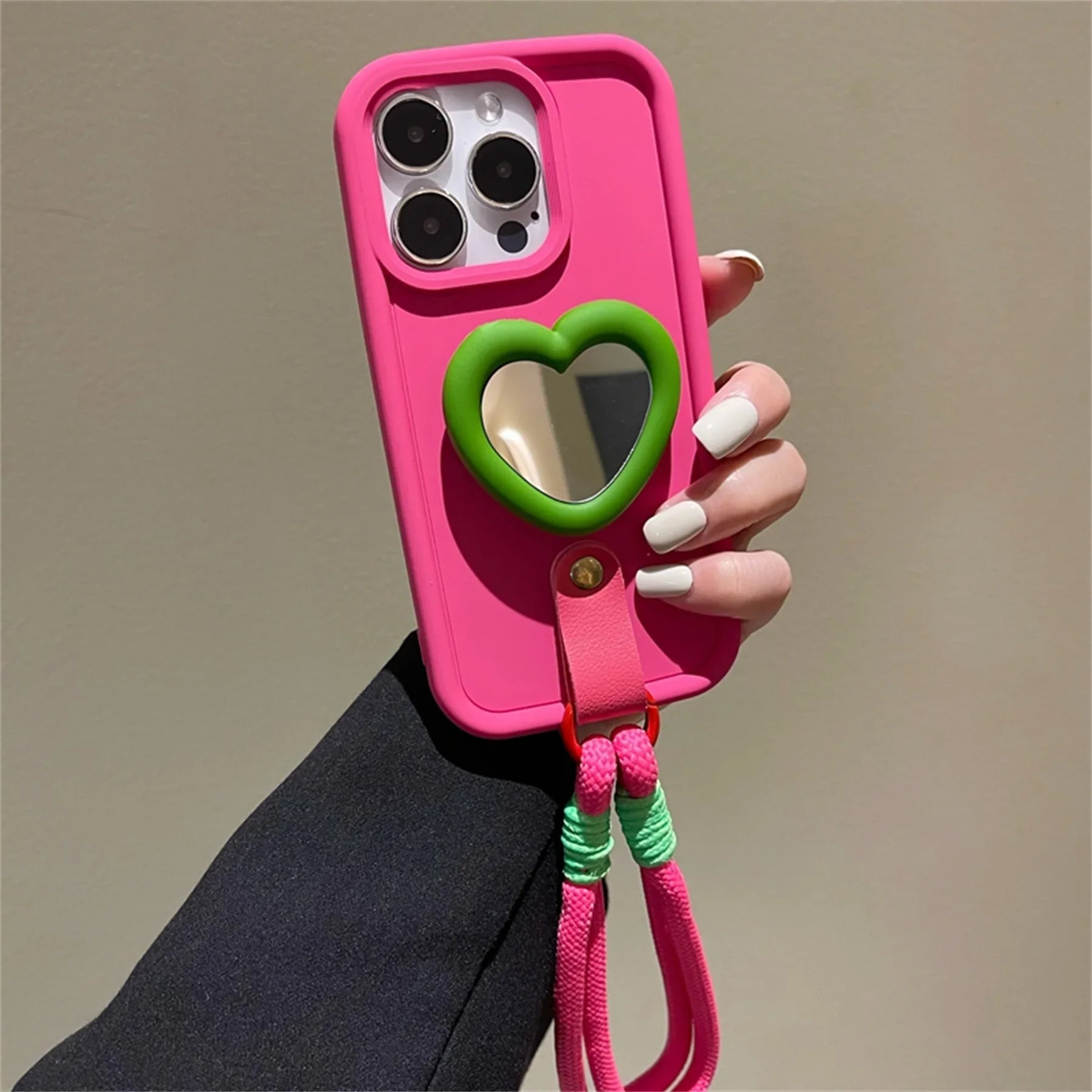 Love Mirror Stand Portable Anti-Lost Hand Strap Simple Phone Case for Iphone 15 14 13 12 11 Pro Max 7 8 plus Shockproof Case