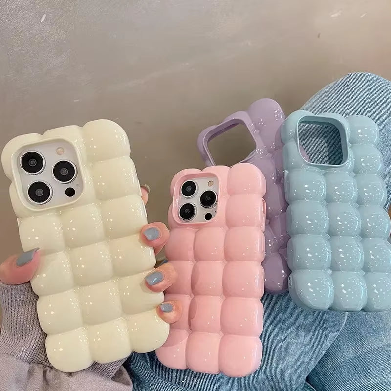Cute Cartoon 3D Block Lattice Case for Iphone 15 14 13 16 Pro Max 12 11 Glossy Candy Solid Color Soft Silicone Shockproof Cover