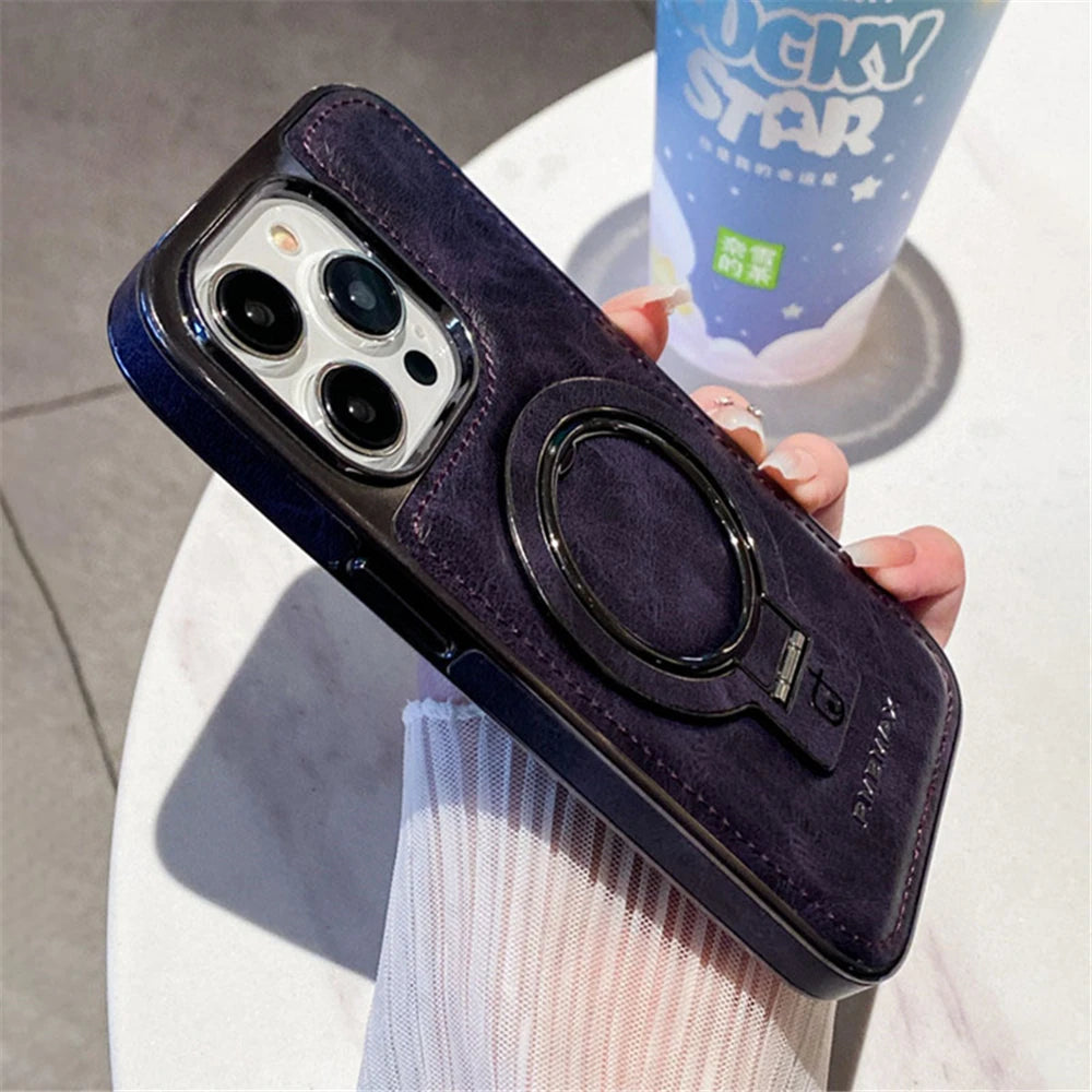 Luxury Lambskin Leather Folding Holder Magnetic for Magsafe Phone Case for Iphone 13 12 14 15 16 Pro Max Soft Shockproof Cover