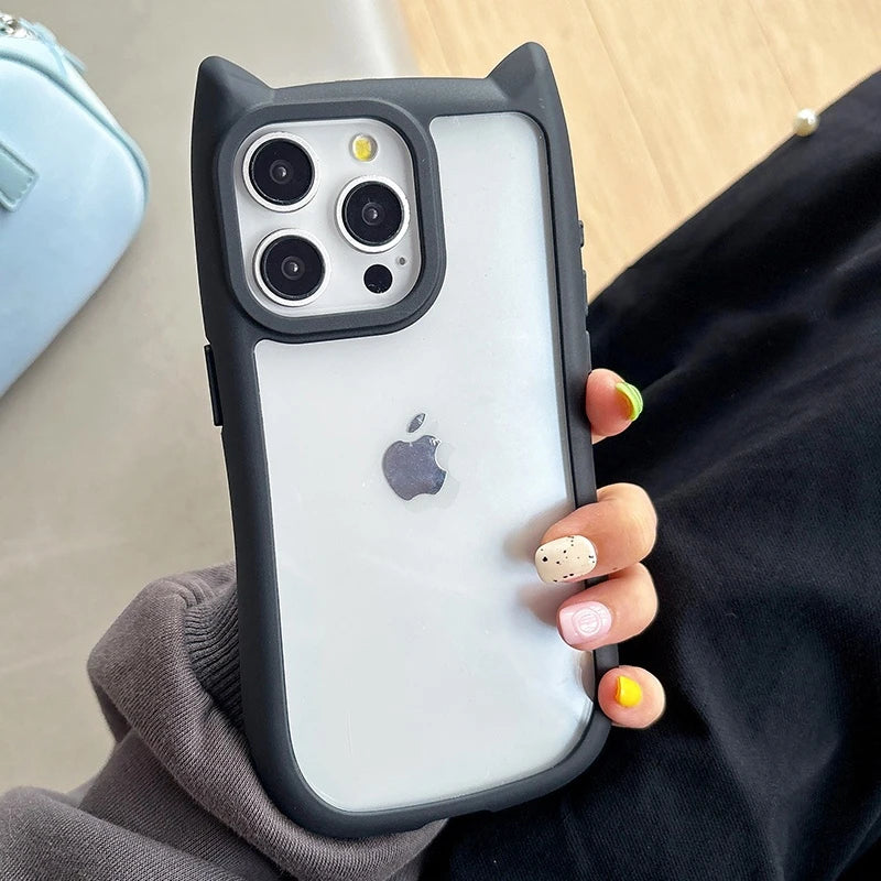Simple Transparent Border Cute Three-Dimensional Cat Ears for Apple 15 Phone Case  15Promax 14 13Provv12 11 Pro Max Women'