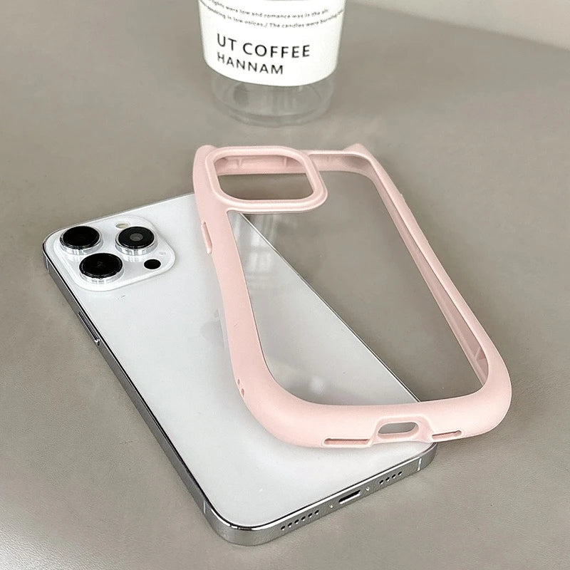 Simple Transparent Border Cute Three-Dimensional Cat Ears for Apple 15 Phone Case  15Promax 14 13Provv12 11 Pro Max Women'