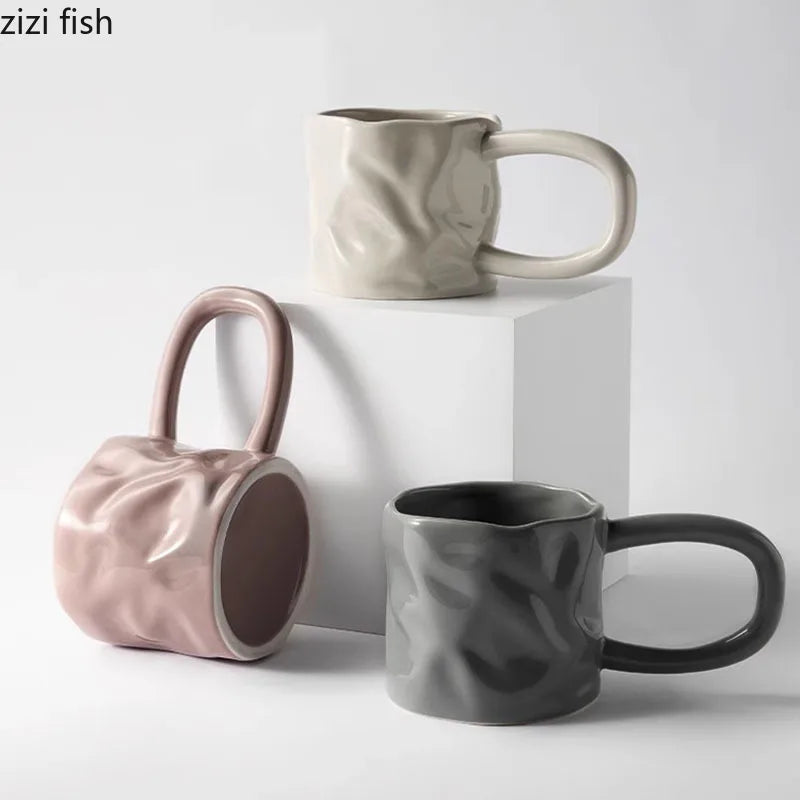 Creative Irregular Ceramic Mug Office Large Handle Coffee Mug Milk Cup Breakfast Cup Household Couple Water Cups Milk Tea Cup
