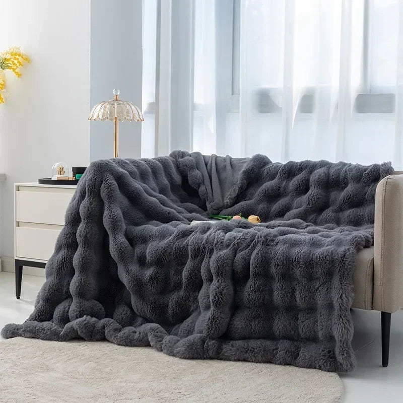 Ins Solid Color Faux Rabbit Fleece Blankets Fluffy Soft Warm Throw Blanket Nap Blanket for Couch Sofa Office Bed Camping Travel