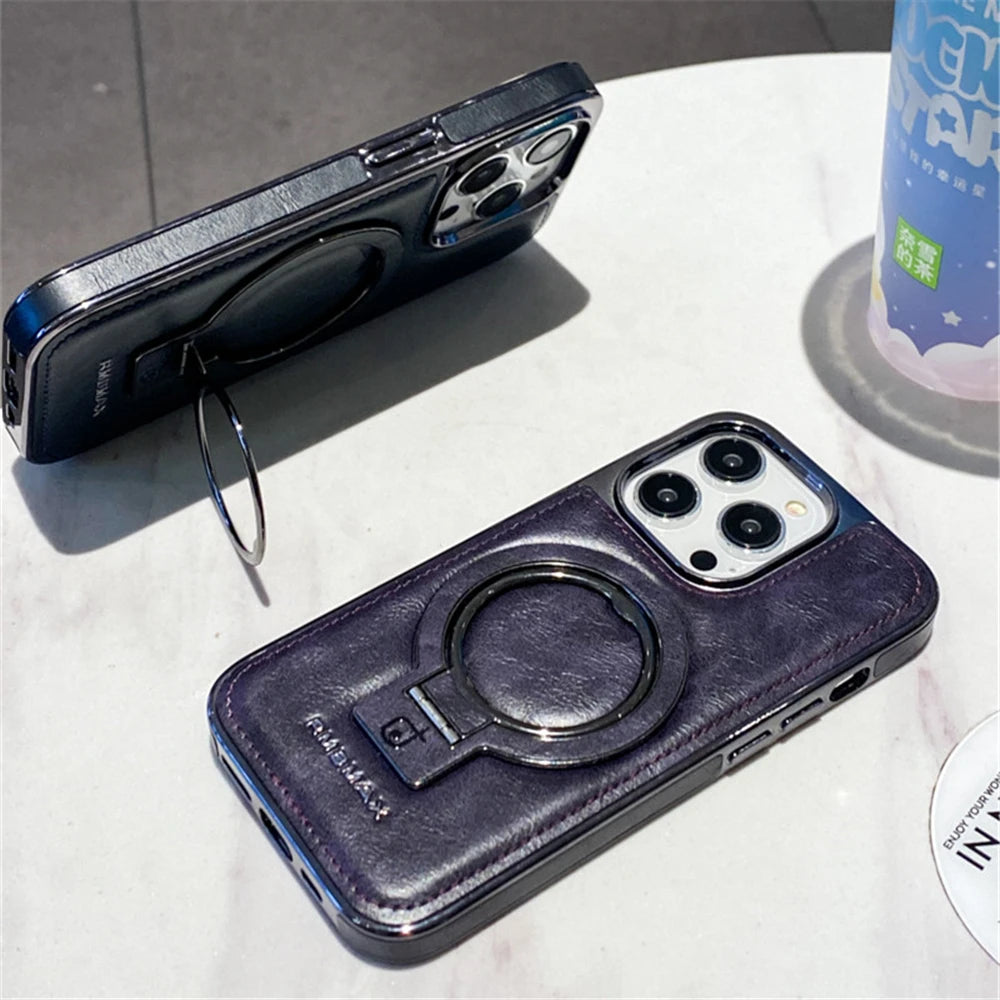 Luxury Lambskin Leather Folding Holder Magnetic for Magsafe Phone Case for Iphone 13 12 14 15 16 Pro Max Soft Shockproof Cover