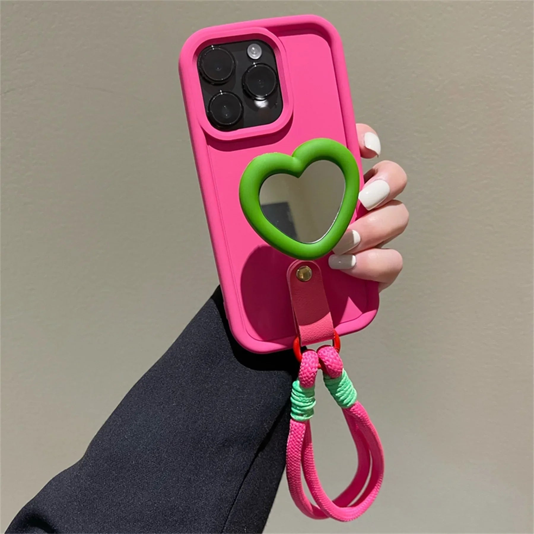 Love Mirror Stand Portable Anti-Lost Hand Strap Simple Phone Case for Iphone 15 14 13 12 11 Pro Max 7 8 plus Shockproof Case