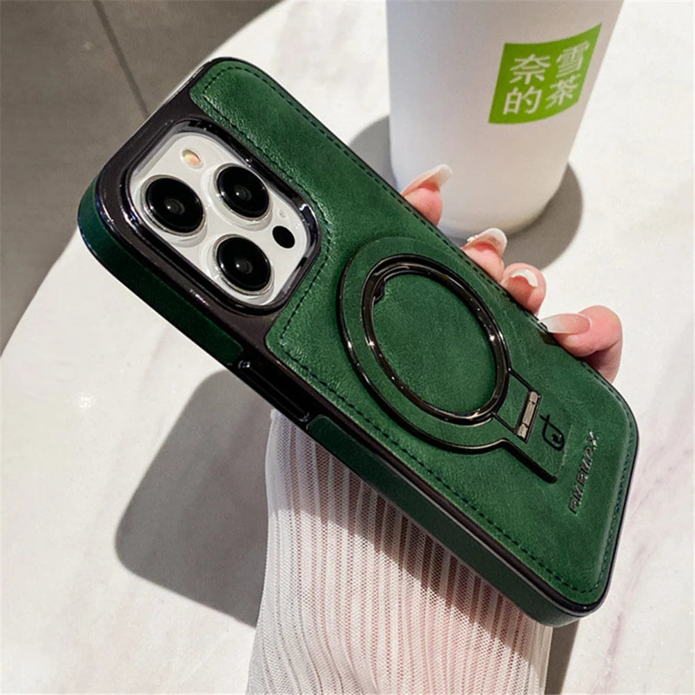 Luxury Lambskin Leather Folding Holder Magnetic for Magsafe Phone Case for Iphone 13 12 14 15 16 Pro Max Soft Shockproof Cover