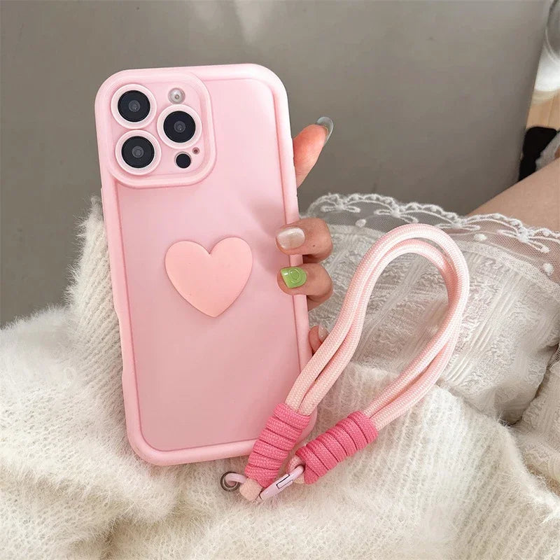 3D Pink Love Heart Silicone Soft Phone Case for Iphone 16 15 14 13 12 11 Pro Max XS XR X 7 8 plus SE with Lanyard Rope Cover
