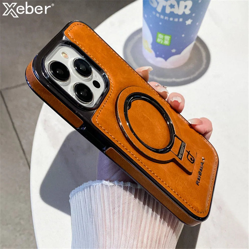 Luxury Lambskin Leather Folding Holder Magnetic for Magsafe Phone Case for Iphone 13 12 14 15 16 Pro Max Soft Shockproof Cover