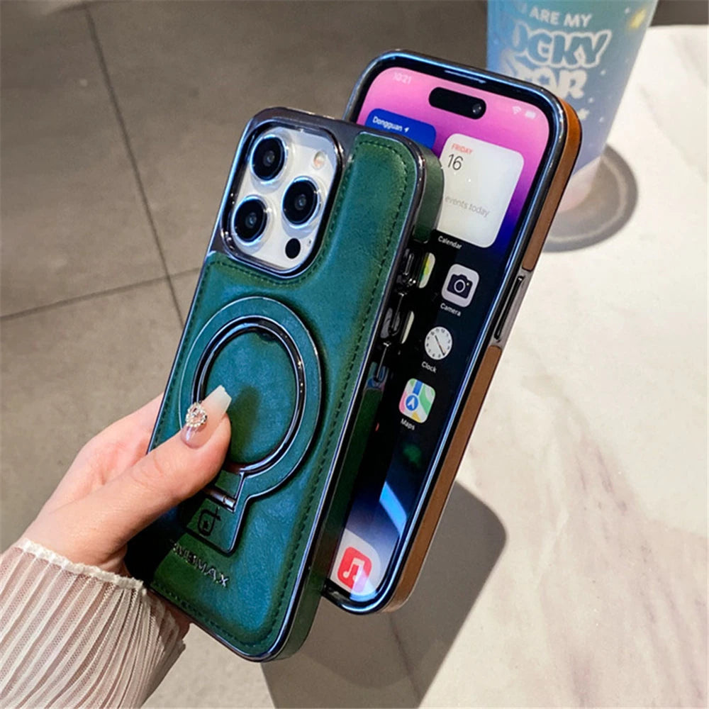 Luxury Lambskin Leather Folding Holder Magnetic for Magsafe Phone Case for Iphone 13 12 14 15 16 Pro Max Soft Shockproof Cover