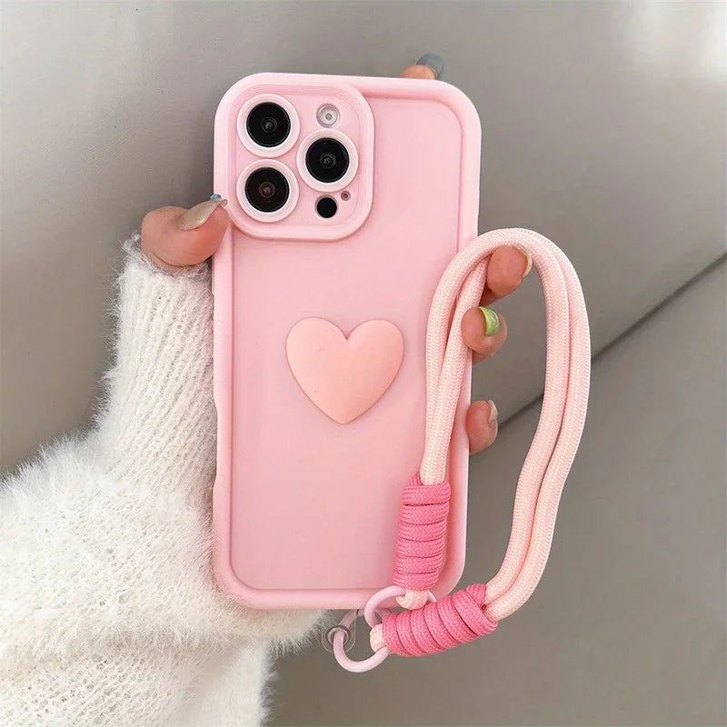3D Pink Love Heart Silicone Soft Phone Case for Iphone 16 15 14 13 12 11 Pro Max XS XR X 7 8 plus SE with Lanyard Rope Cover