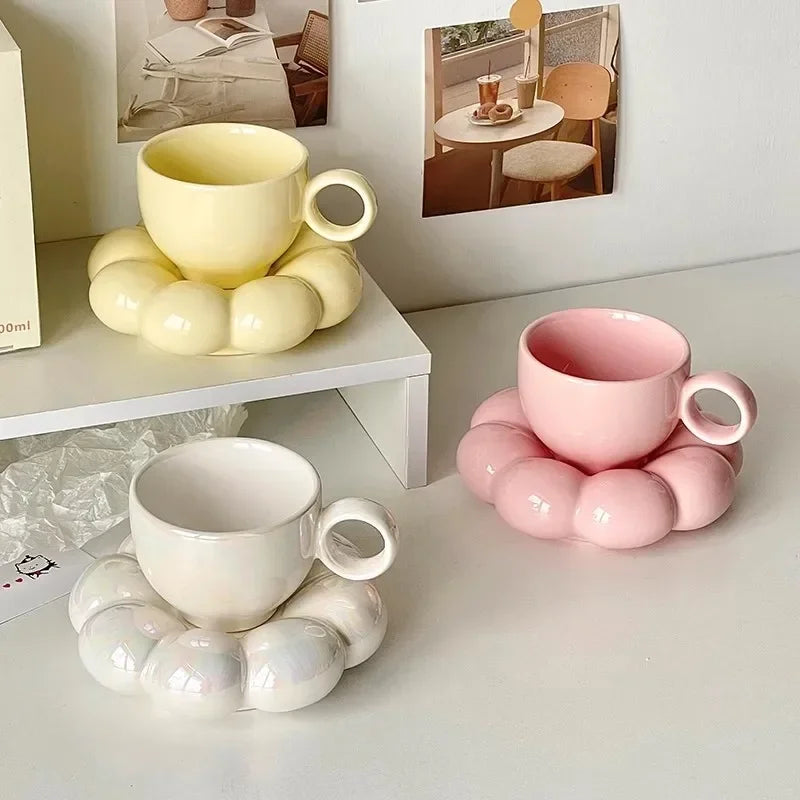 6Oz Sunflower Coffee Mug Aesthetic Ceramic Cloud Cup Decorative Saucer Afternoon Tea Water Cup Office Decor Home Mug Drinkware