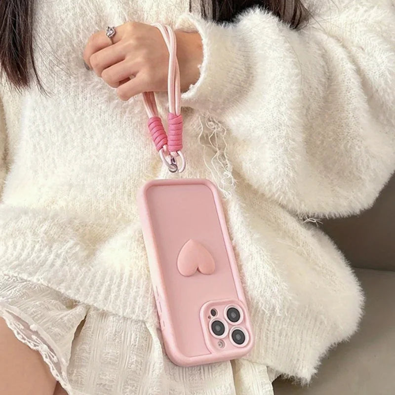 3D Pink Love Heart Silicone Soft Phone Case for Iphone 16 15 14 13 12 11 Pro Max XS XR X 7 8 plus SE with Lanyard Rope Cover