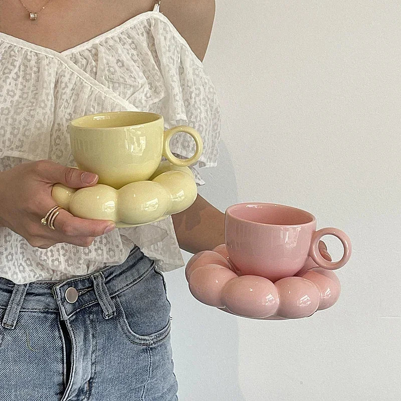 6Oz Sunflower Coffee Mug Aesthetic Ceramic Cloud Cup Decorative Saucer Afternoon Tea Water Cup Office Decor Home Mug Drinkware