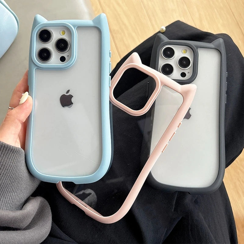 Simple Transparent Border Cute Three-Dimensional Cat Ears for Apple 15 Phone Case  15Promax 14 13Provv12 11 Pro Max Women'