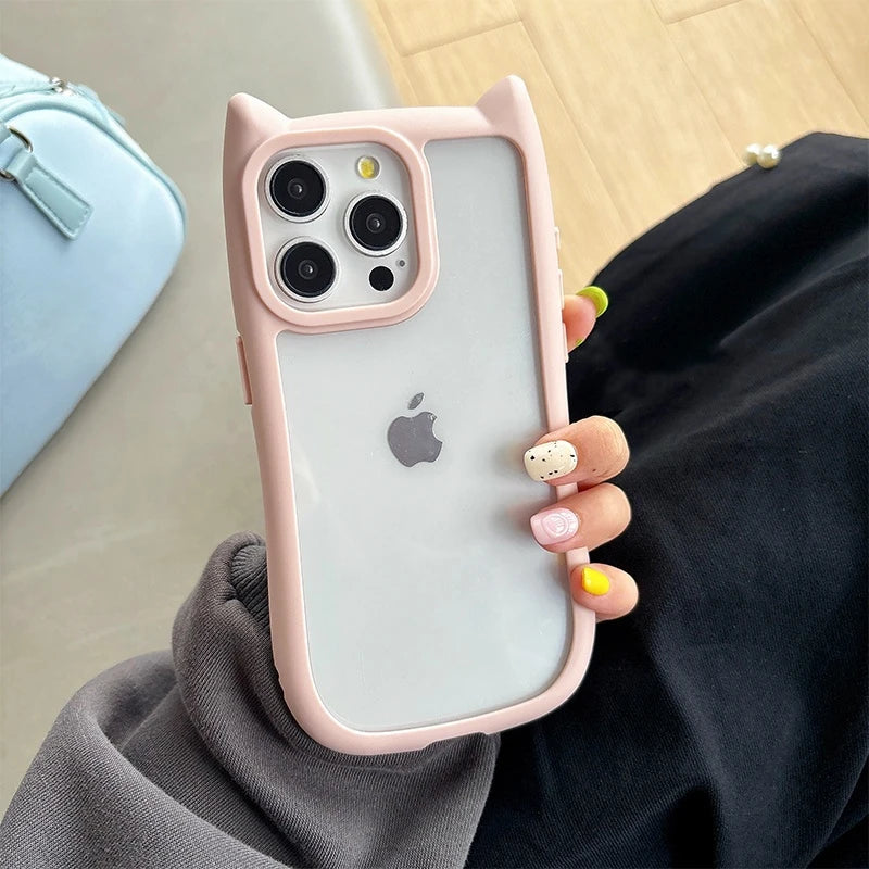Simple Transparent Border Cute Three-Dimensional Cat Ears for Apple 15 Phone Case  15Promax 14 13Provv12 11 Pro Max Women'