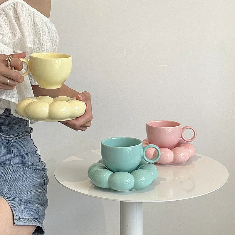 6Oz Sunflower Coffee Mug Aesthetic Ceramic Cloud Cup Decorative Saucer Afternoon Tea Water Cup Office Decor Home Mug Drinkware