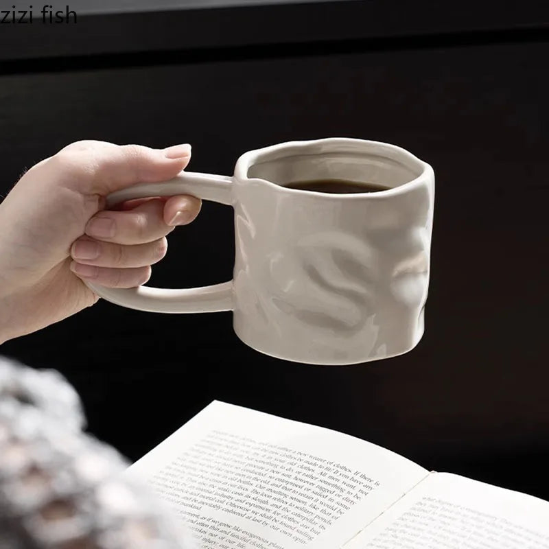 Creative Irregular Ceramic Mug Office Large Handle Coffee Mug Milk Cup Breakfast Cup Household Couple Water Cups Milk Tea Cup