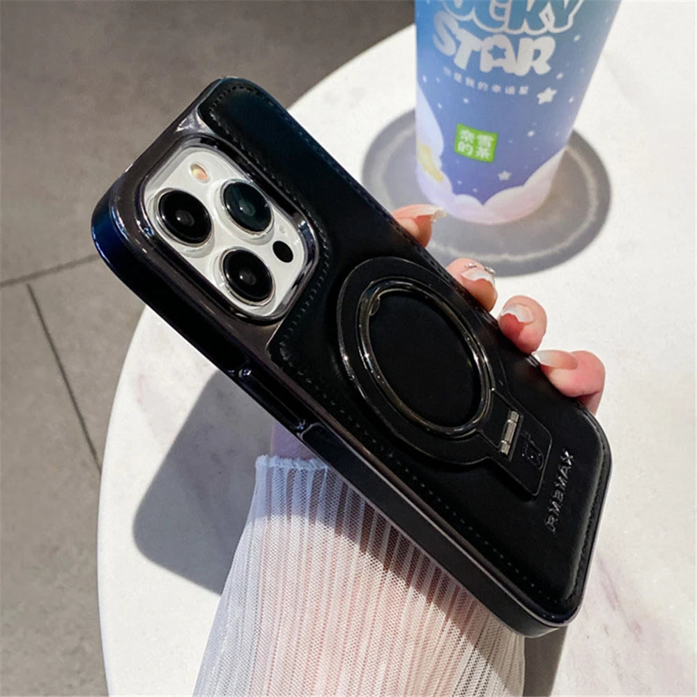Luxury Lambskin Leather Folding Holder Magnetic for Magsafe Phone Case for Iphone 13 12 14 15 16 Pro Max Soft Shockproof Cover