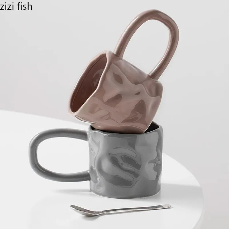 Creative Irregular Ceramic Mug Office Large Handle Coffee Mug Milk Cup Breakfast Cup Household Couple Water Cups Milk Tea Cup