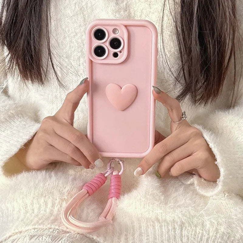 3D Pink Love Heart Silicone Soft Phone Case for Iphone 16 15 14 13 12 11 Pro Max XS XR X 7 8 plus SE with Lanyard Rope Cover