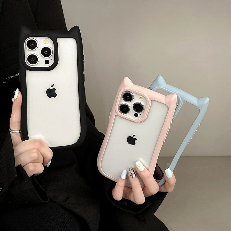 Simple Transparent Border Cute Three-Dimensional Cat Ears for Apple 15 Phone Case  15Promax 14 13Provv12 11 Pro Max Women'