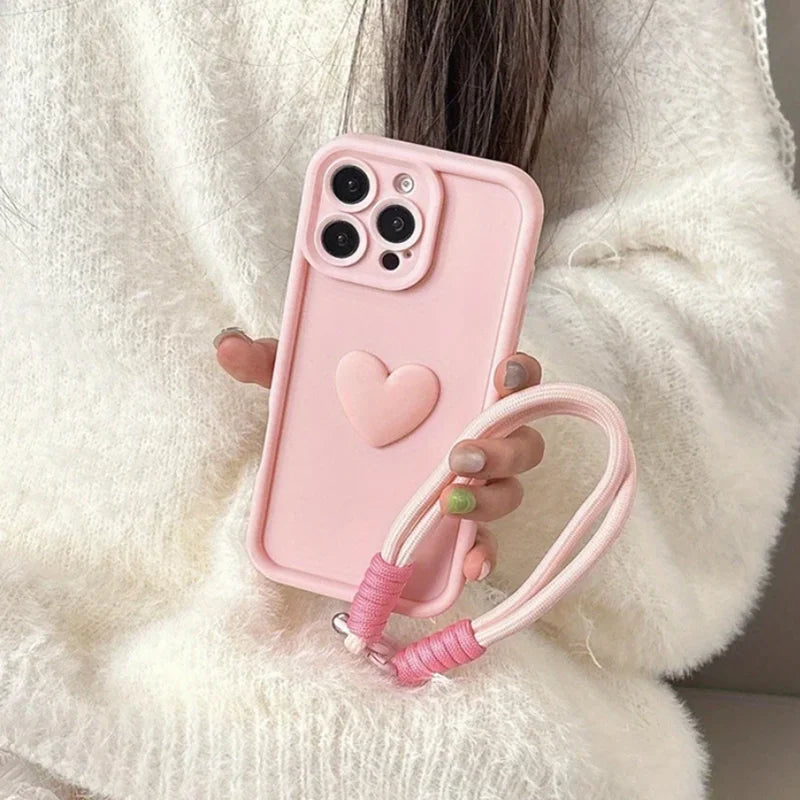 3D Pink Love Heart Silicone Soft Phone Case for Iphone 16 15 14 13 12 11 Pro Max XS XR X 7 8 plus SE with Lanyard Rope Cover