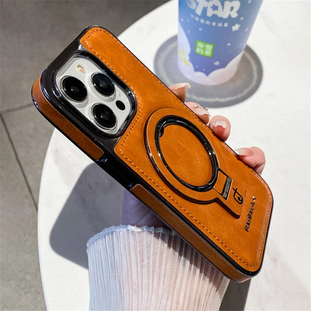 Luxury Lambskin Leather Folding Holder Magnetic for Magsafe Phone Case for Iphone 13 12 14 15 16 Pro Max Soft Shockproof Cover