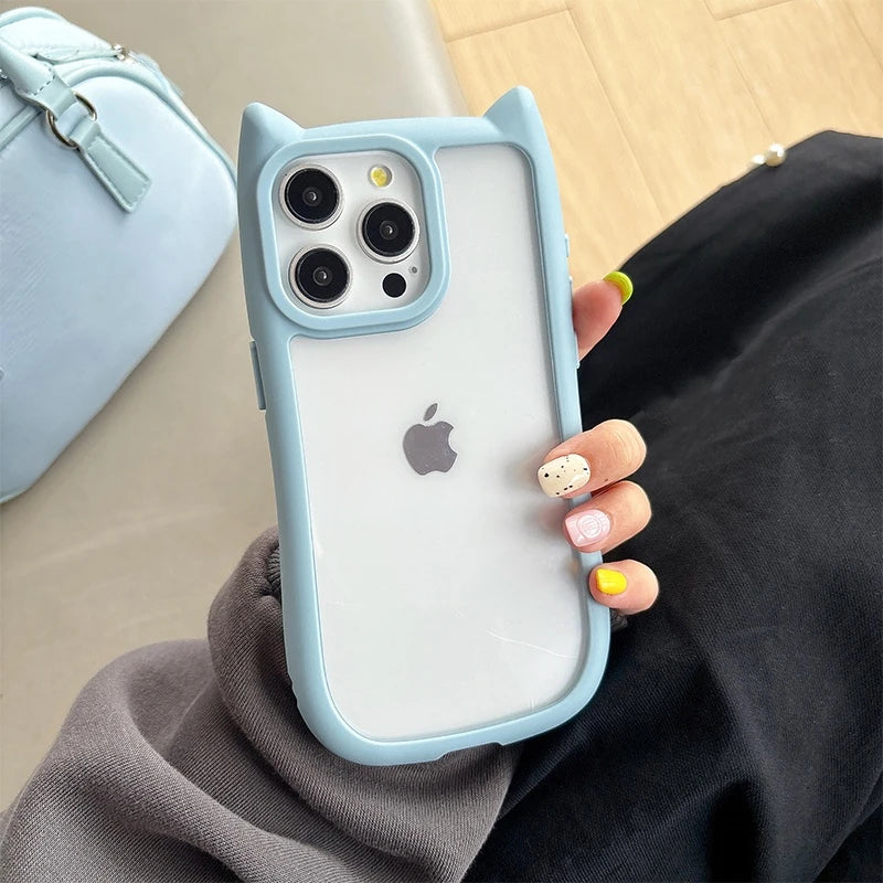 Simple Transparent Border Cute Three-Dimensional Cat Ears for Apple 15 Phone Case  15Promax 14 13Provv12 11 Pro Max Women'