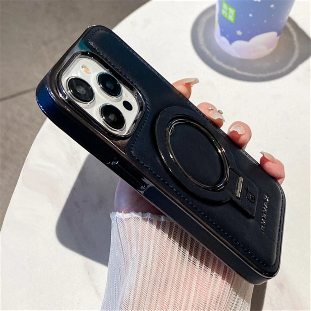 Luxury Lambskin Leather Folding Holder Magnetic for Magsafe Phone Case for Iphone 13 12 14 15 16 Pro Max Soft Shockproof Cover