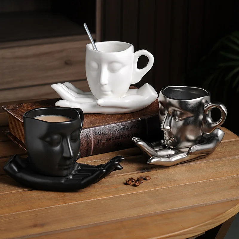 260ML Retro Coffee Cups Creative Ceramic Cups and Saucers Abstract Art Latte Mugs Home Art Decorative Tea Cups Ceramic Cups