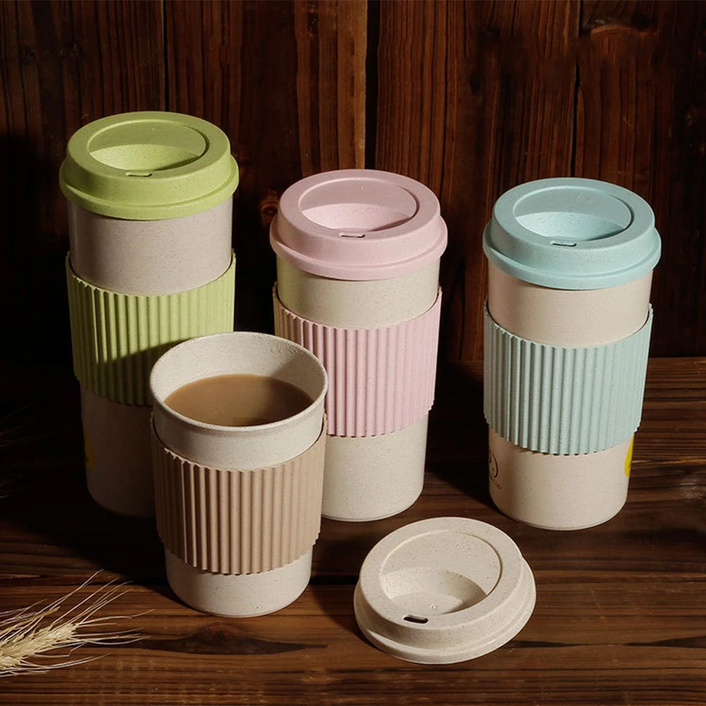 450ML Coffee Cups with Lids Wheat Straw Reusable Portable Coffee Cup Dishwasher Safe Coffee Mug Coffee Tea Travel Cups