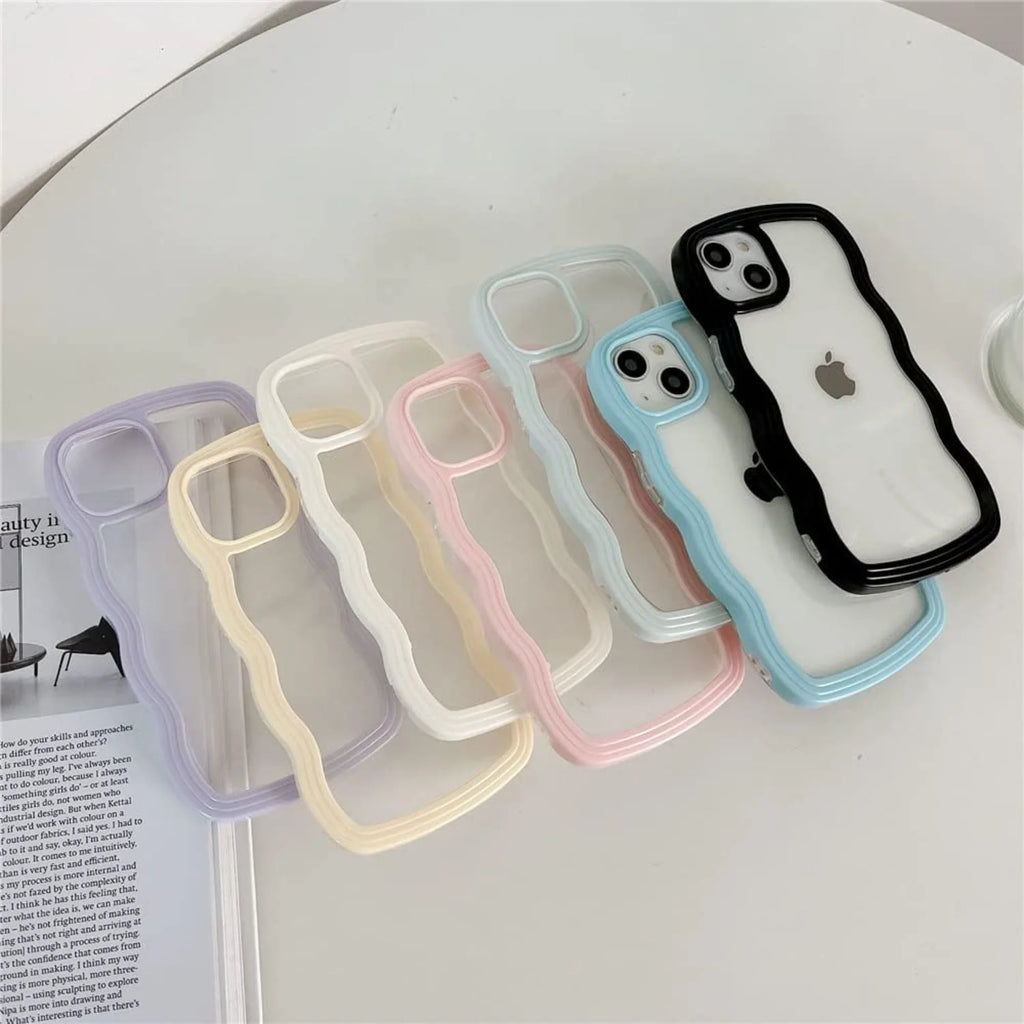 Compatible with Clear Case Cute Curly Wave Bumper Case Aesthetic Phone Case for Girls Women Soft TPU Protective Phone Cover-Wh