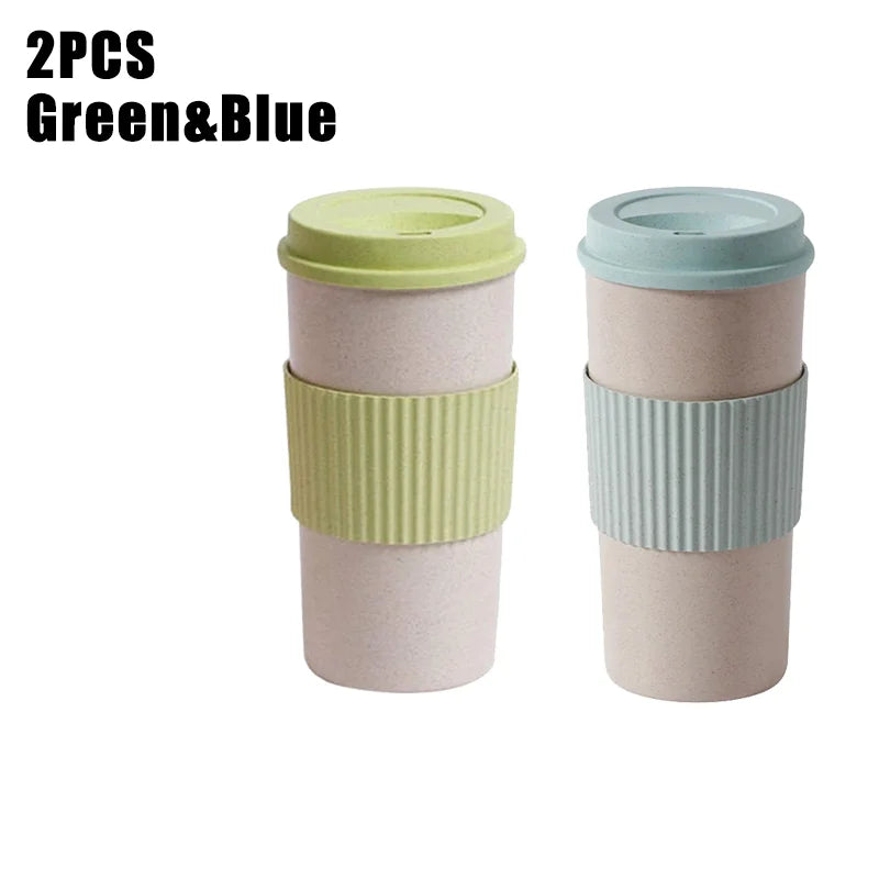 450ML Coffee Cups with Lids Wheat Straw Reusable Portable Coffee Cup Dishwasher Safe Coffee Mug Coffee Tea Travel Cups