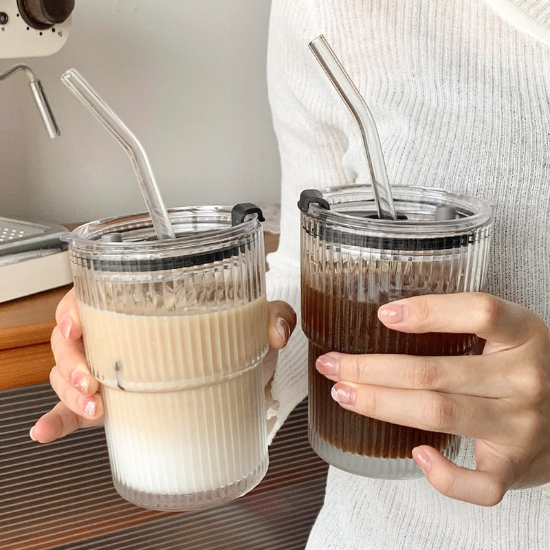 Wind Stripe Coffee Mug with Straw with Lid Glass Handy Mug