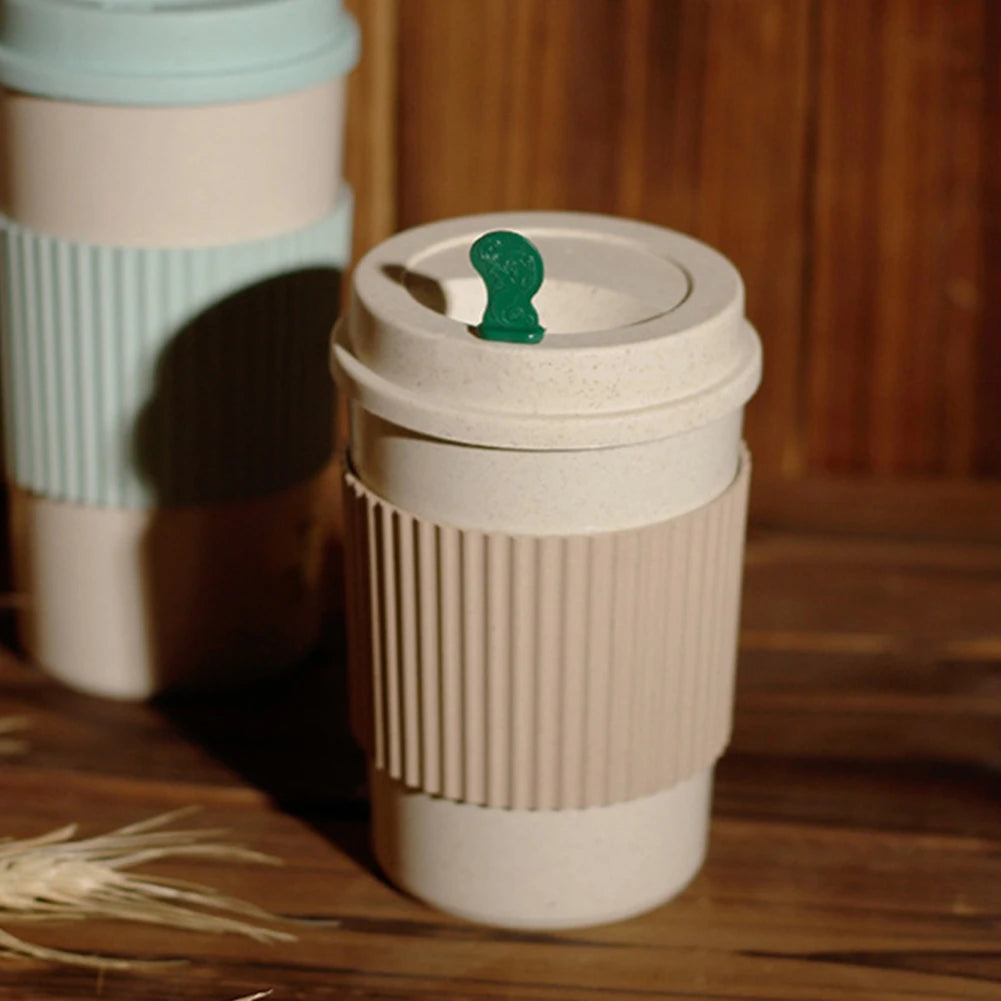450ML Coffee Cups with Lids Wheat Straw Reusable Portable Coffee Cup Dishwasher Safe Coffee Mug Coffee Tea Travel Cups