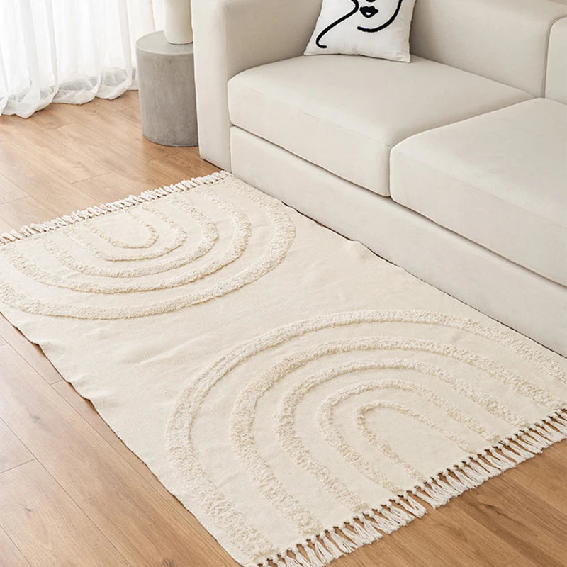 Nordic Cotton Linen Rug Modern Geometric Rainbow Living Room Carpet Bedroom Bedside Floor Door Mat Aesthetic Home Decor 60X150Cm