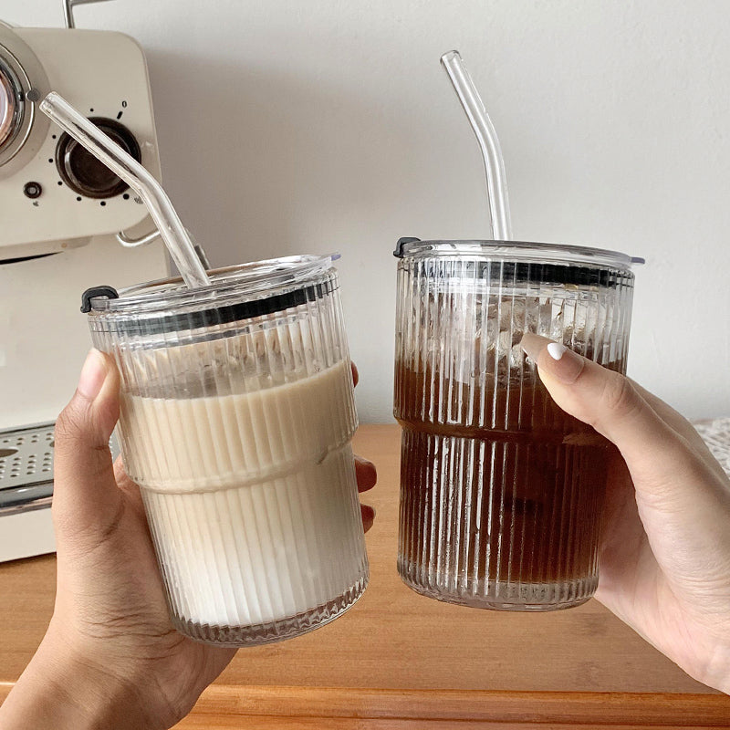 Wind Stripe Coffee Mug with Straw with Lid Glass Handy Mug