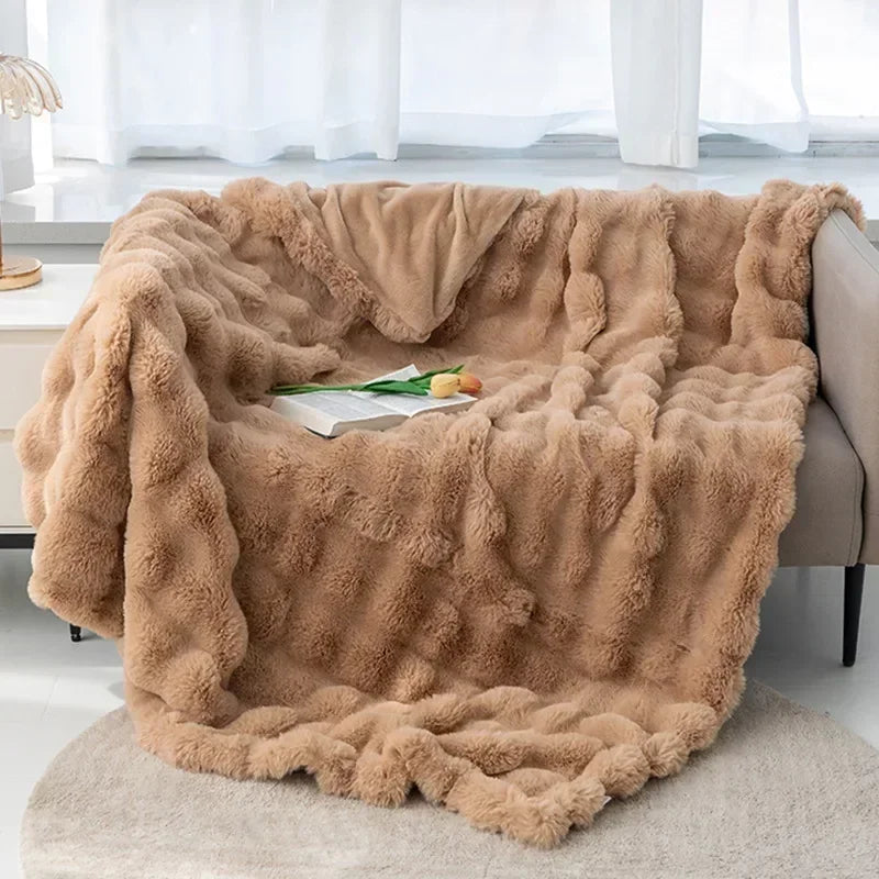 Ins Solid Color Faux Rabbit Fleece Blankets Fluffy Soft Warm Throw Blanket Nap Blanket for Couch Sofa Office Bed Camping Travel