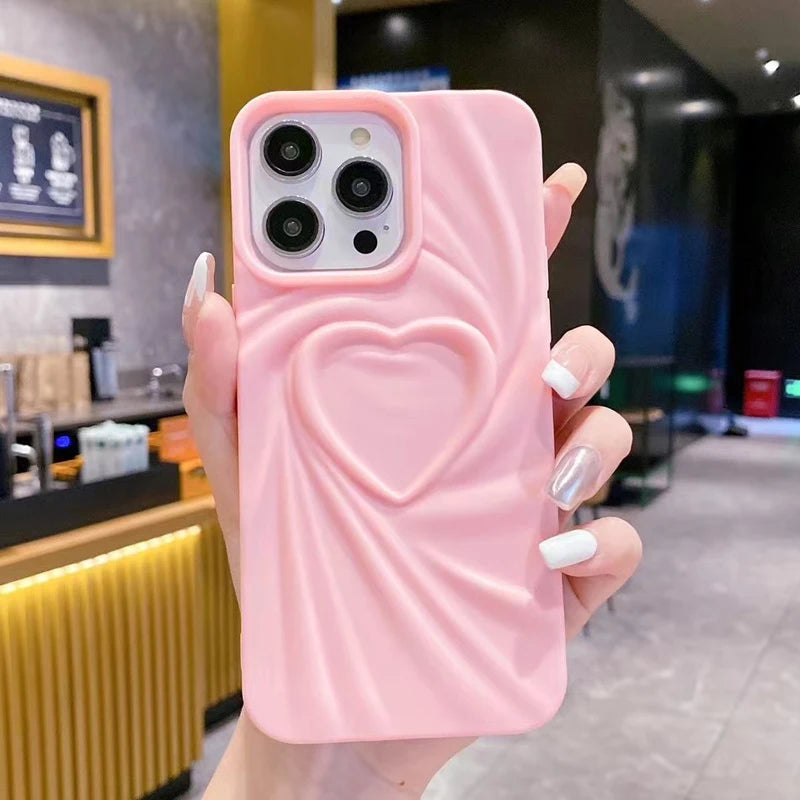 Fashion Fold Wrinkle 3D Love Heart Phone Case for Iphone 13 14 15 Pro Max 16 plus 11 12 Promax Soft Matte Silicone Full Cover