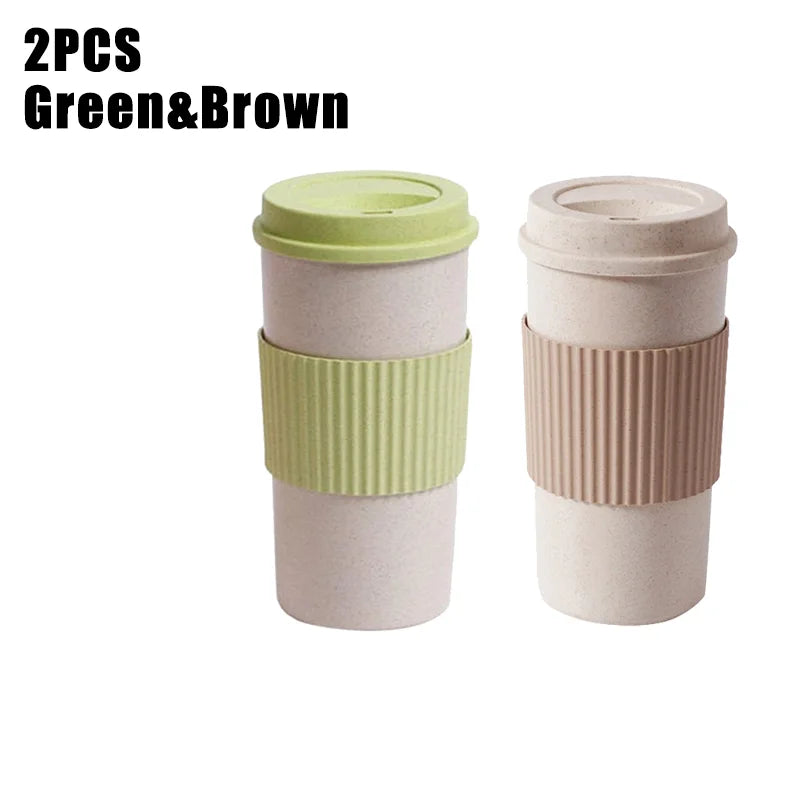 450ML Coffee Cups with Lids Wheat Straw Reusable Portable Coffee Cup Dishwasher Safe Coffee Mug Coffee Tea Travel Cups