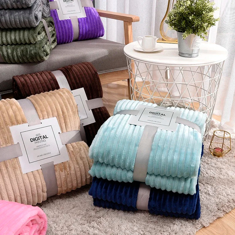 Winter Flannel Blankets Solid Striped Coral Fleece Blankets Faux Fur Mink Throw Soft Warm Bedspread Coverlet Plaid Blankets