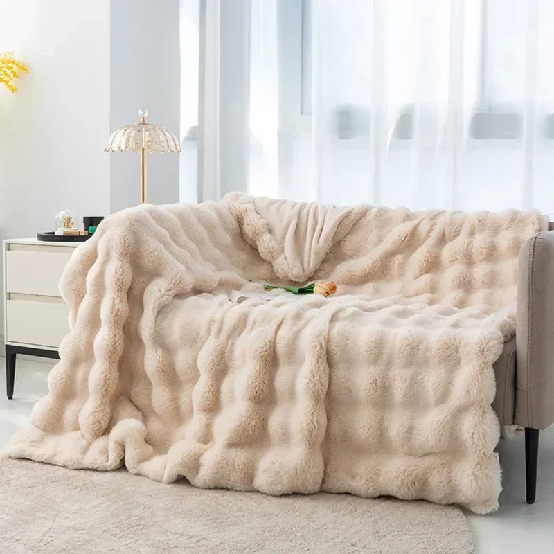 Ins Solid Color Faux Rabbit Fleece Blankets Fluffy Soft Warm Throw Blanket Nap Blanket for Couch Sofa Office Bed Camping Travel