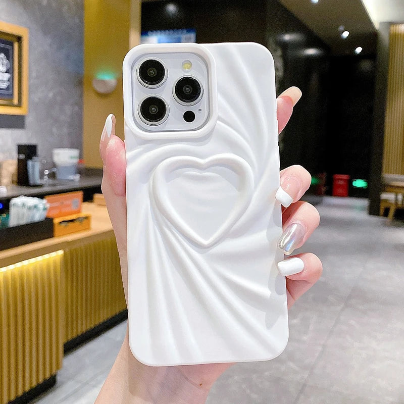 Fashion Fold Wrinkle 3D Love Heart Phone Case for Iphone 13 14 15 Pro Max 16 plus 11 12 Promax Soft Matte Silicone Full Cover