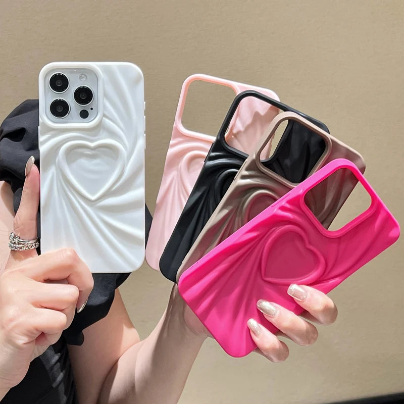 Fashion Fold Wrinkle 3D Love Heart Phone Case for Iphone 13 14 15 Pro Max 16 plus 11 12 Promax Soft Matte Silicone Full Cover