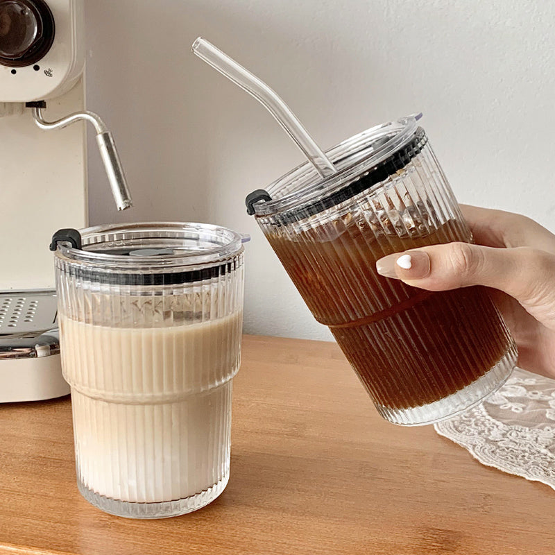 Wind Stripe Coffee Mug with Straw with Lid Glass Handy Mug