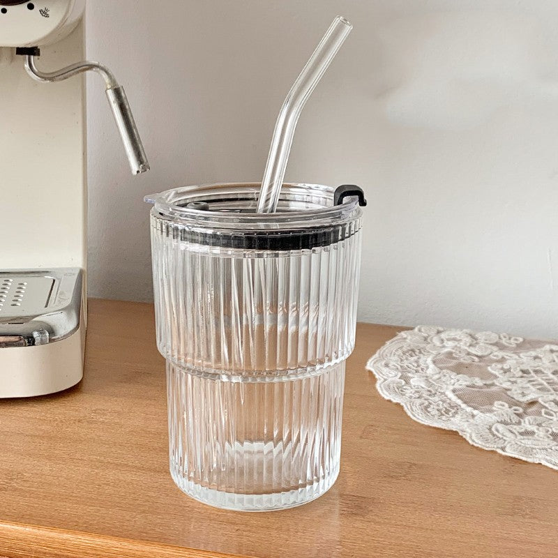 Wind Stripe Coffee Mug with Straw with Lid Glass Handy Mug