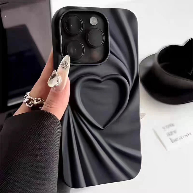 Fashion Fold Wrinkle 3D Love Heart Phone Case for Iphone 13 14 15 Pro Max 16 plus 11 12 Promax Soft Matte Silicone Full Cover