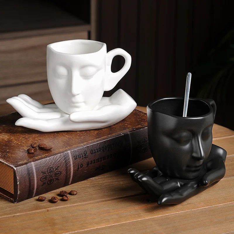260ML Retro Coffee Cups Creative Ceramic Cups and Saucers Abstract Art Latte Mugs Home Art Decorative Tea Cups Ceramic Cups