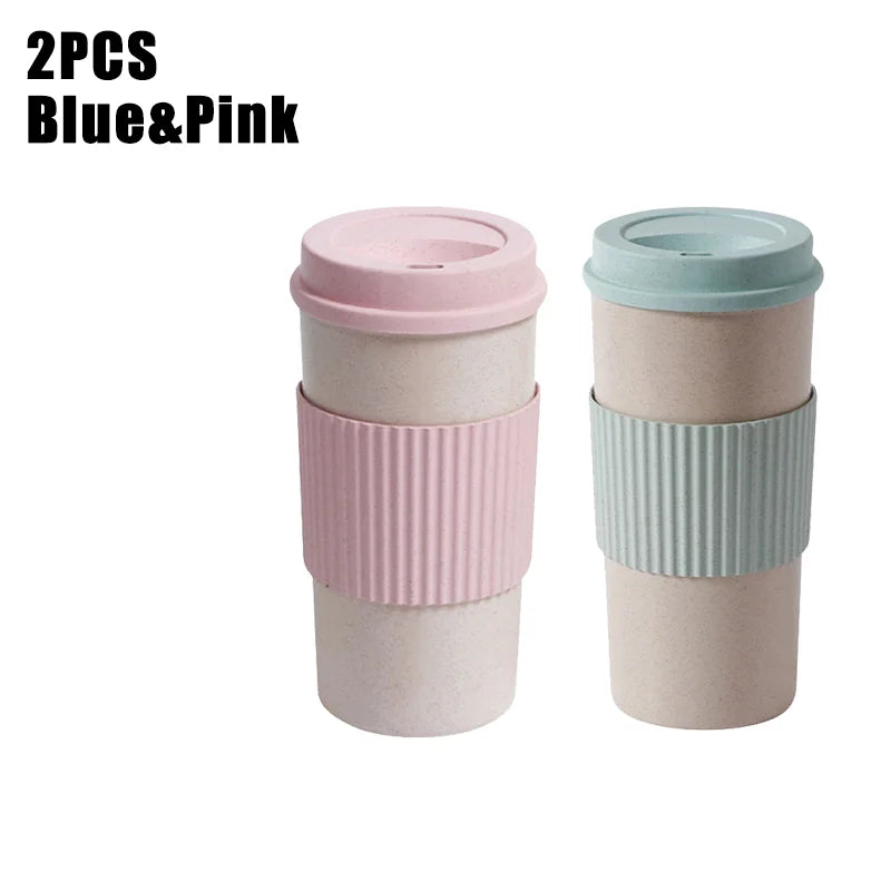 450ML Coffee Cups with Lids Wheat Straw Reusable Portable Coffee Cup Dishwasher Safe Coffee Mug Coffee Tea Travel Cups